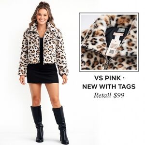 VS Pink Leopard Faux Fur Jacket L • Super Soft Cropped Coat • NWT • Stand Collar